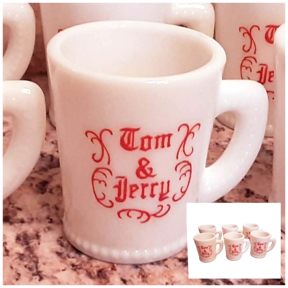 Vintage 6 Tom and Jerry Christmas Mugs by McKee Milk Glass Cups Red White